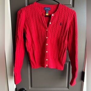 Polo by Ralph Lauren Bright Red Cable-Knit Cardigan with Logo